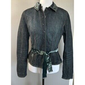 Elie Tahari Women's Dark Blue Denim Jacket Paisley Silk Lined Velvet Trim Coat S